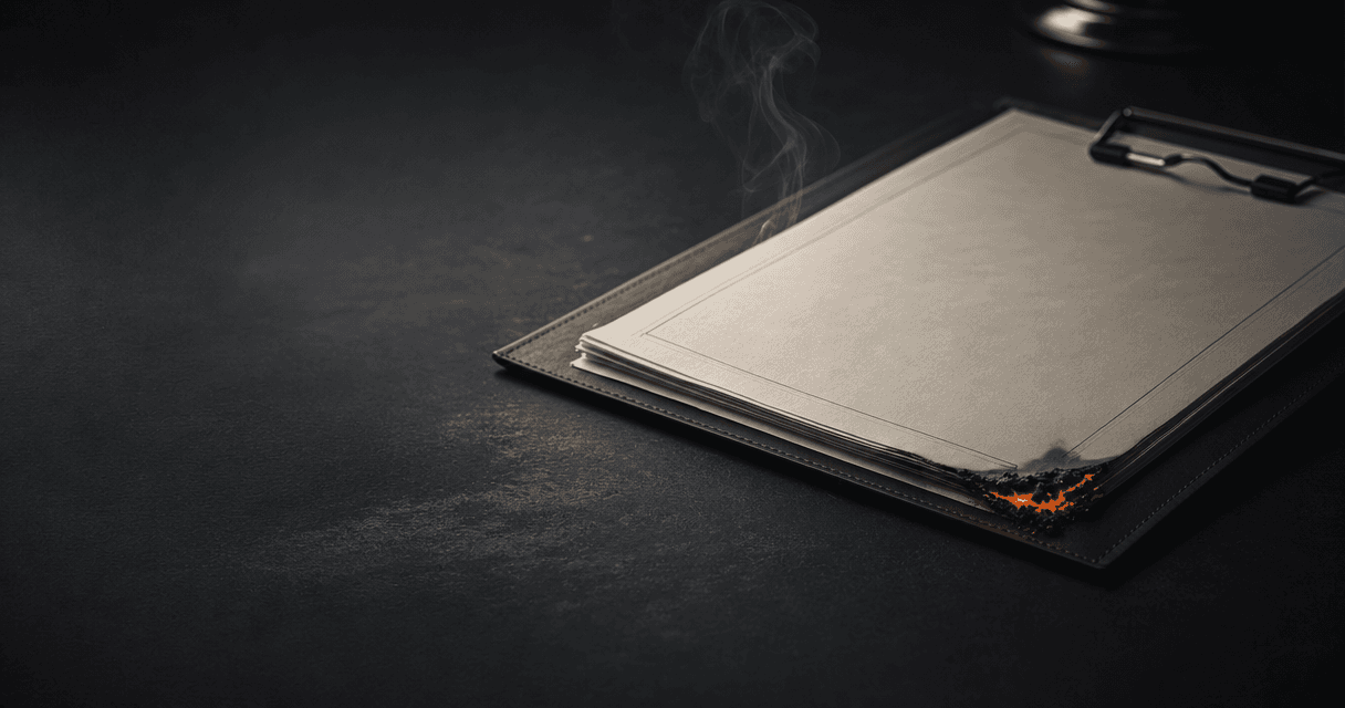 A scorched, smouldering contract on a dark desk with a faint ember and rising smoke: a founder burned once deciding how to hire without getting burned twice.